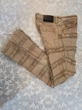 🔥 VALABASAS Tiered Bandage Distressed Stacked Jeans Men's Tan Khaki Sz 34 🔥